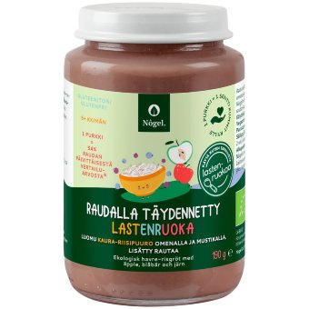 Органическая овсяно-рисовая каша Nôgel с яблоком и черникой, обогащённая железом, 190 гр