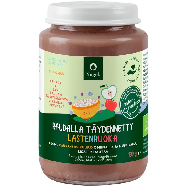 Органическая овсяно-рисовая каша Nôgel с яблоком и черникой, обогащённая железом, 190 гр Органическая овсяно-рисовая каша Nôgel с яблоком и черникой, обогащённая железом, 190 гр