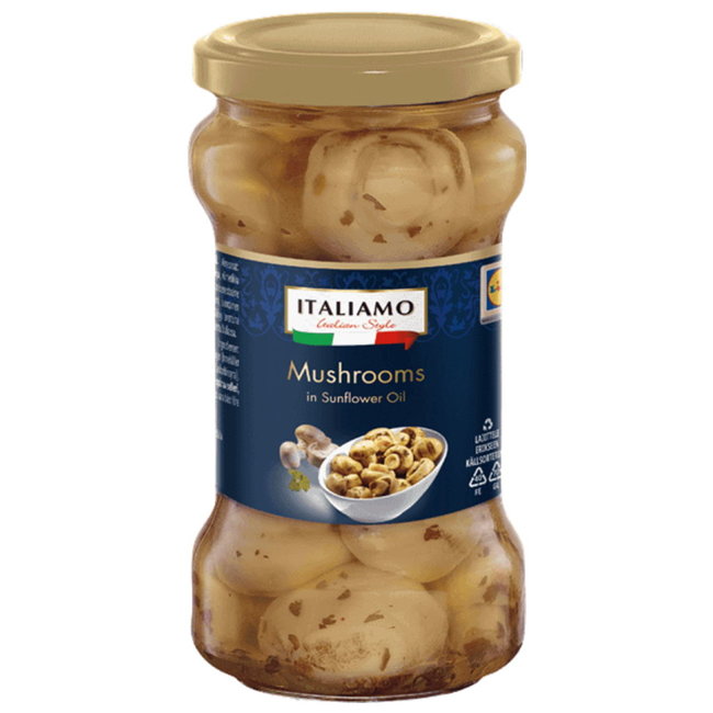 Целые маринованные грибы шампиньоны ITALIAMO в подсолнечном масле 285/590 гр