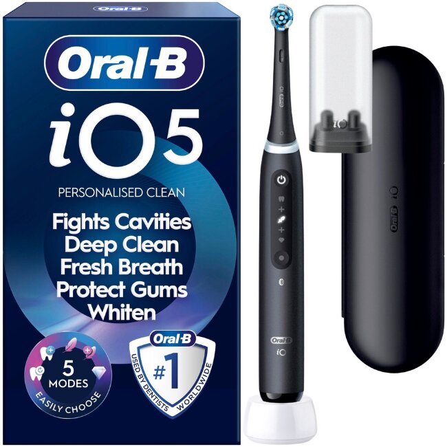 Электрическая зубная щетка Oral-B iO5 Matt Black с дорожным чехлом и держателем для зубных щеток Электрическая зубная щетка Oral-B iO5 Matt Black с дорожным чехлом и держателем для зубных щеток
