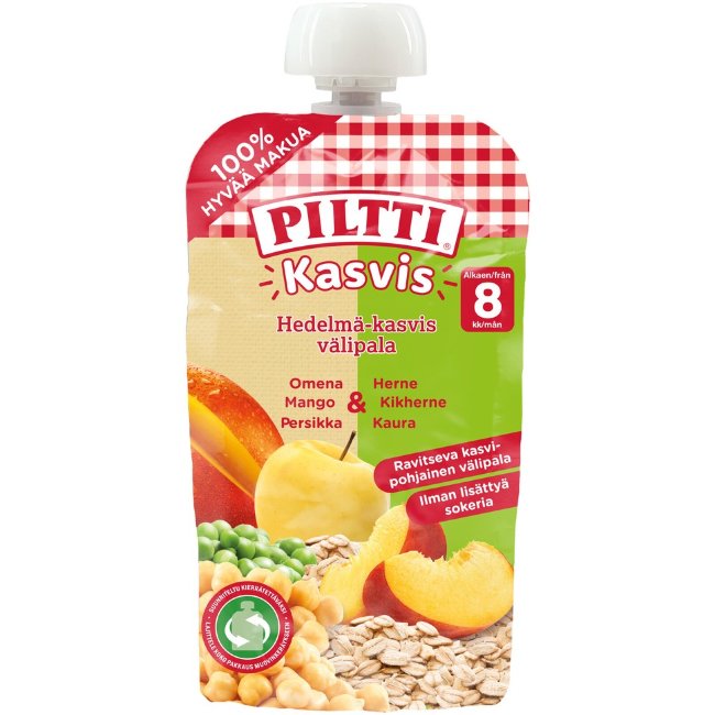 Овощной перекус Piltti 110 гр органический с яблоком, манго, персиком, горохом, нутом и овсом с 8 месяцев