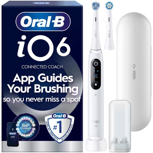 Электрическая зубная щетка Oral-B iO6 White + дорожный футляр + подставка для зубных щеток + дополнительная сменная насадка Электрическая зубная щетка Oral-B iO6 White + дорожный футляр + подставка для зубных щеток + дополнительная сменная насадка