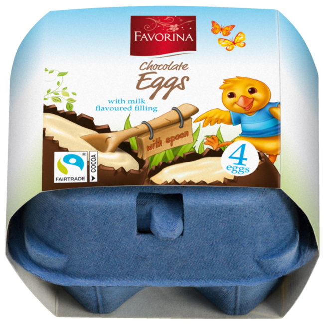 Шоколадные яйца Favorina Веселый цыпленок с молочной начинкой 4 шт/уп 144 гр Шоколадные яйца Favorina Веселый цыпленок с молочной начинкой 4 шт/уп 144 гр