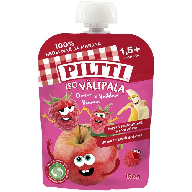 Фруктовое пюре Piltti 150 гр Яблоко-малина-банан для детей от 1,5 лет