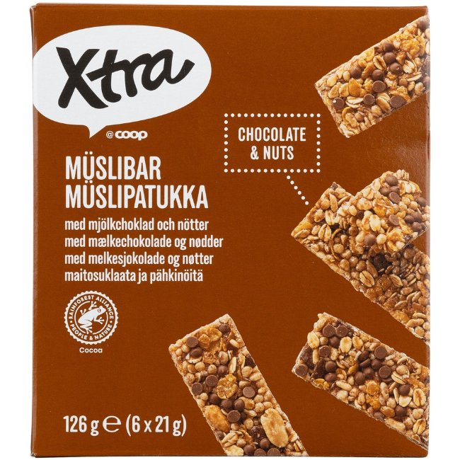 Батончики мюсли с шоколадом и орехами Xtra (уп 6 шт) 126 гр