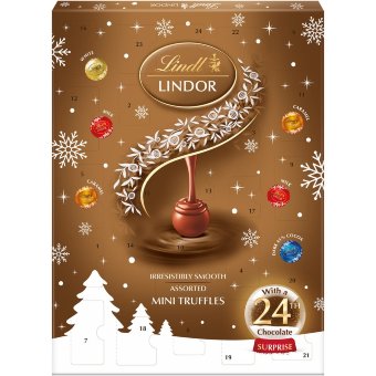 Календарь шоколадный Lindt LINDOR с молочным, темным и белым шоколадом с мягкой начинкой 117 гр