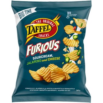 Чипсы Taffel Furious со вкусом сметаны, чили, халапеньо и сыра 260 гр Чипсы Taffel Furious со вкусом сметаны, чили, халапеньо и сыра 260 гр