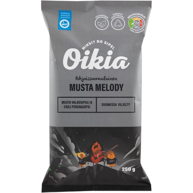 Картофельные чипсы Oikia Musta Melody с черным чесноком и чили 250 гр