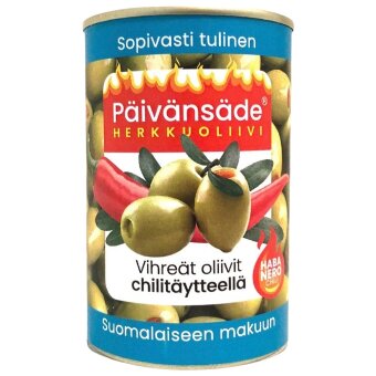 Оливки Pävänsäde Herkkuoliivi зеленые без косточек с начинкой из чили 300 гр/130 гр