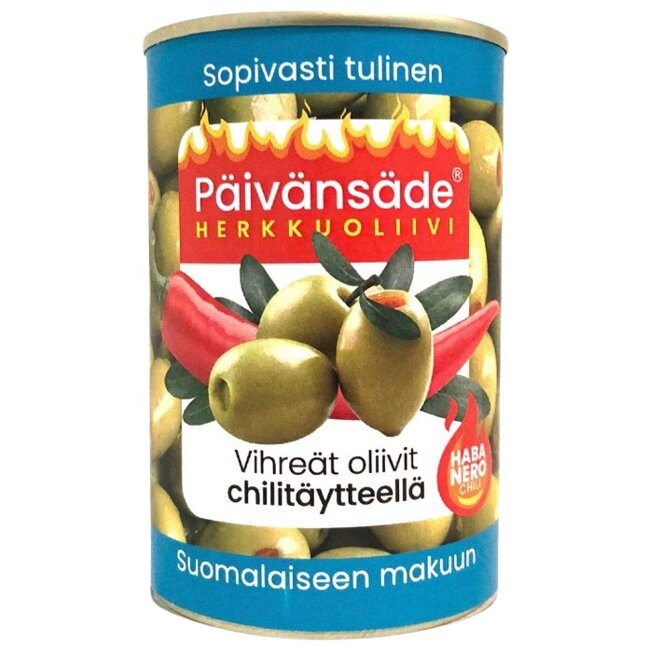 Оливки Pävänsäde Herkkuoliivi зеленые без косточек с начинкой из чили 300 гр/130 гр
