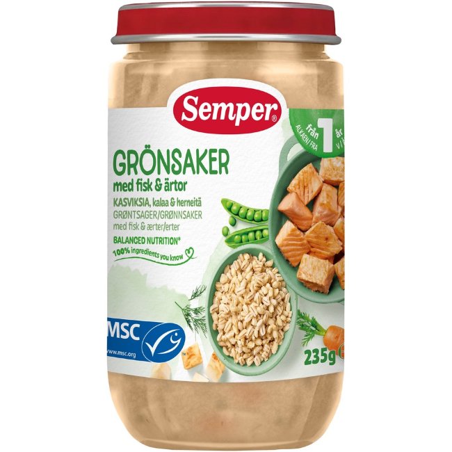 Детское питание Semper с овощами, рыбой и горохом 235 гр