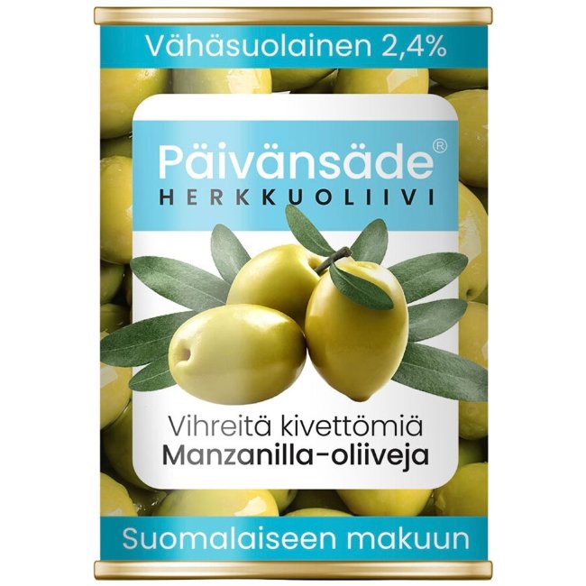 Зеленые безкосточковые оливки Päivänsäde с низким содержанием соли 300 гр / 130 гр