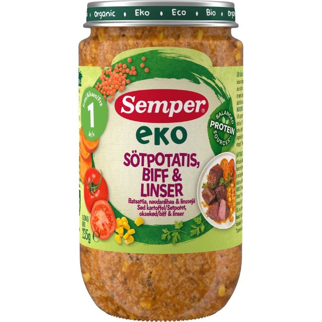 Детское блюдо Semper EKO из батата с говядиной и чечевицей 1 г с органическим составом 235 гр