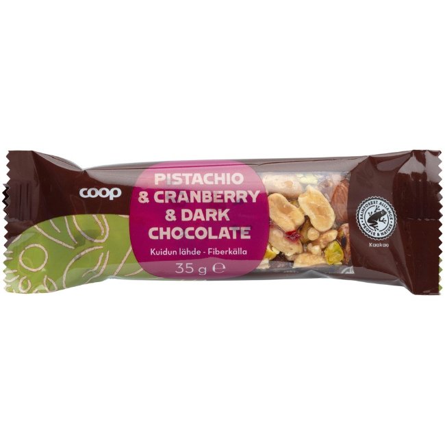 Орехово-фруктовый батончик Coop с фисташками, клюквой и темным шоколадом 35 гр