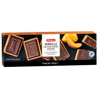Печенье абрикосовое с шоколадом Pirkka Mireille Aprikoositäytteinen suklaakeksi 145 гр