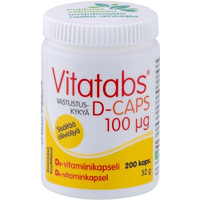 Витамин Д3 на оливковом масле Vitatabs D-Caps 100 мкг 200 капсул Hankintatukku