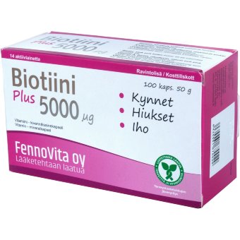 Усиленный биотин Biotiini Plus Fennovita 5000 мкг 100 капсул Усиленный биотин Biotiini Plus Fennovita 5000 мкг 100 капсул