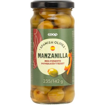 Зелёные оливки Manzanilla с паприкой Coop 235/142 гр