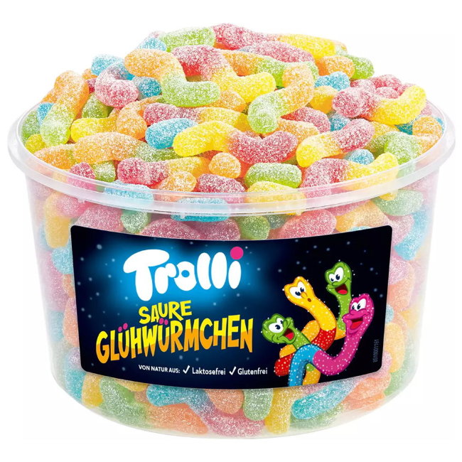 Конфеты жевательные Trolli (банка 150 шт) кислые червячки "Saure Gluhwurmchen" 1050 гр