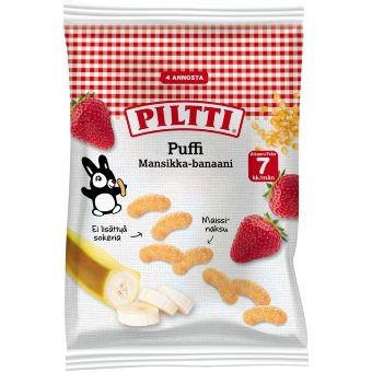 Кукурузные хрустящие палочки Piltti Puffi со вкусом клубники и банана 28 гр