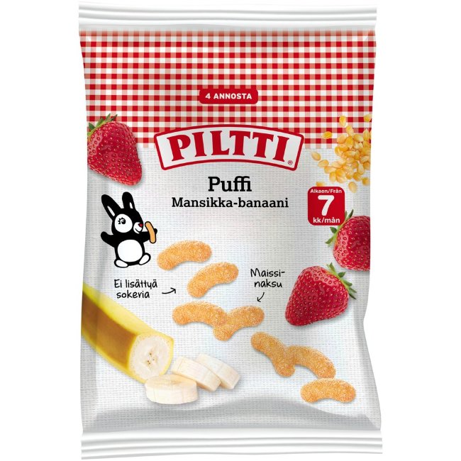 Кукурузные хрустящие палочки Piltti Puffi со вкусом клубники и банана 28 гр