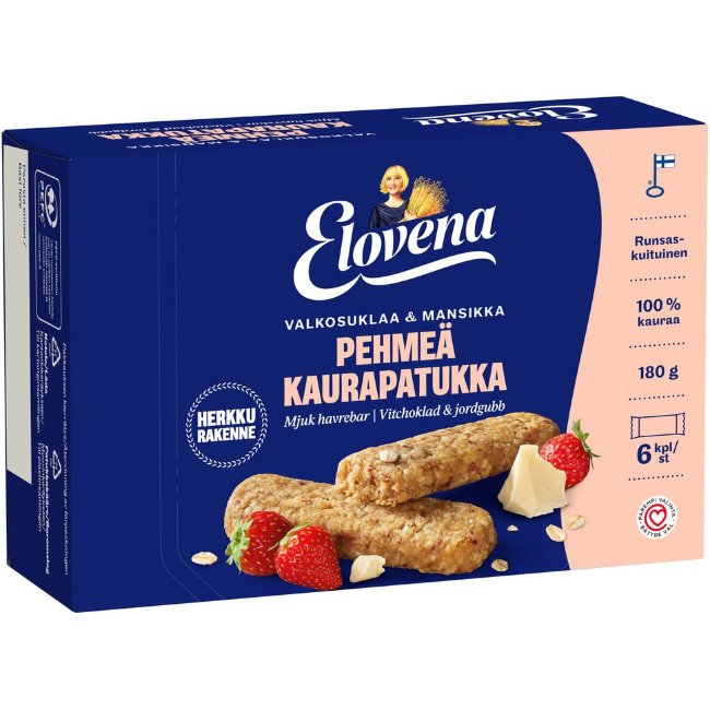 Мягкие овсяные батончики Elovena с белым шоколадом и клубникой (уп 6 шт) 180 гр