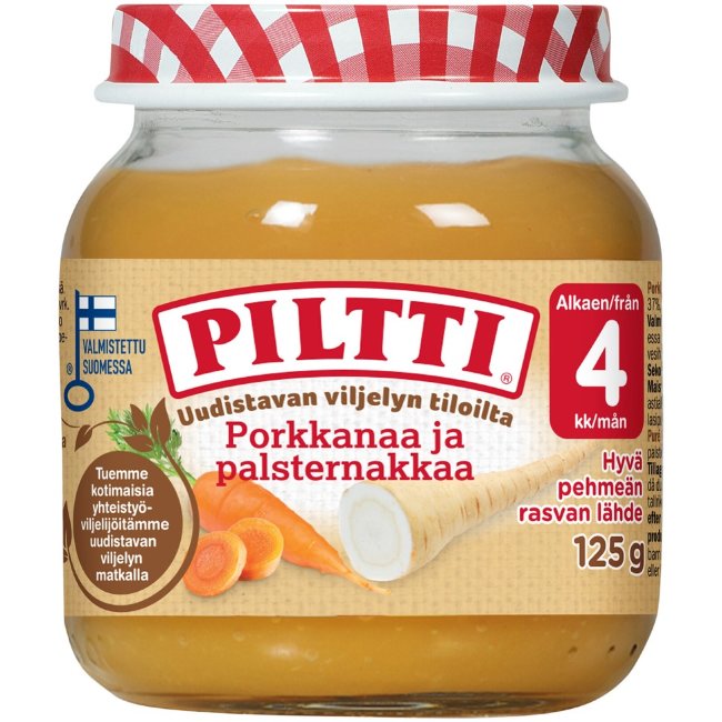 Овощное пюре Piltti 125 гр из моркови и пастернака с хозяйств с использованием возобновляемого земледелия 4 мес