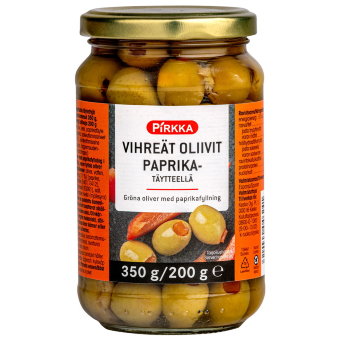 Зеленые оливки Pirkka с паприкой  350/200 гр Зеленые оливки Pirkka с паприкой  350/200 гр