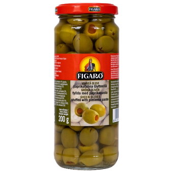Оливки зеленые Figaro с красным перцем 340/200 гр Оливки зеленые Figaro с красным перцем 340/200 гр