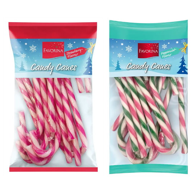 Рождественские леденцы тросточки Favorina (в ассортименте клубничные и мятные) 144 гр Рождественские леденцы тросточки Favorina (в ассортименте клубничные и мятные) 144 гр