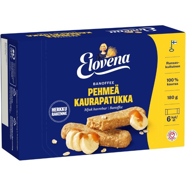 Мягкие овсяные батончики Elovena Banoffee с бананом и карамелью (уп 6 шт) 180 гр