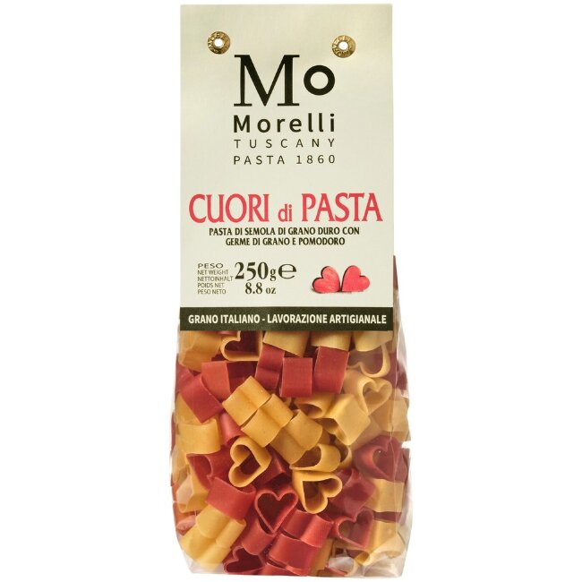 Макароны Morelli с узором «сердечки» с томатом и пшеничным зародышем 250 гр Макароны Morelli с узором «сердечки» с томатом и пшеничным зародышем 250 гр
