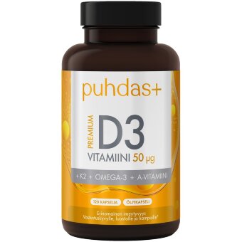 Премиум витамин D3 Puhdas+ 50 мкг + K2 + Omega-3 + витамин A 120 капсул Премиум витамин D3 Puhdas+ 50 мкг + K2 + Omega-3 + витамин A 120 капсул