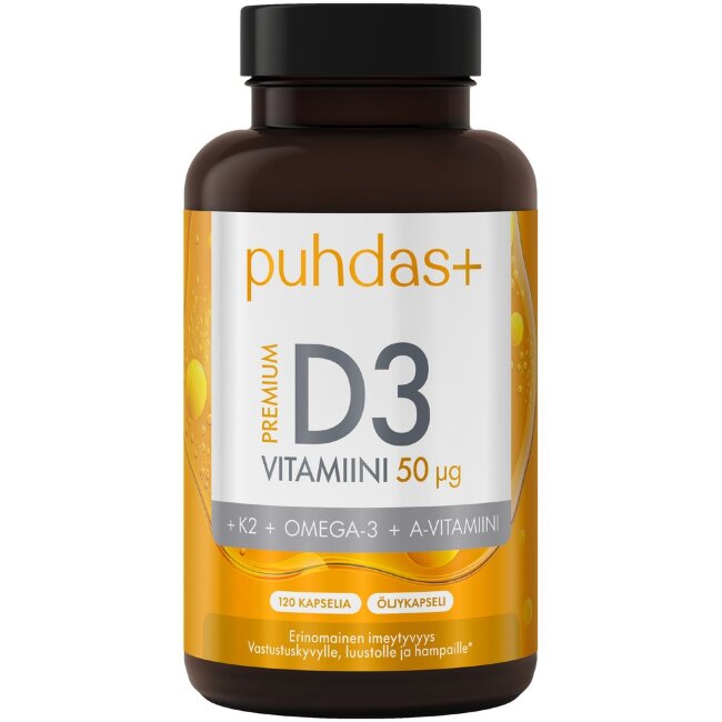 Премиум витамин D3 Puhdas+ 50 мкг + K2 + Omega-3 + витамин A 120 капсул Премиум витамин D3 Puhdas+ 50 мкг + K2 + Omega-3 + витамин A 120 капсул