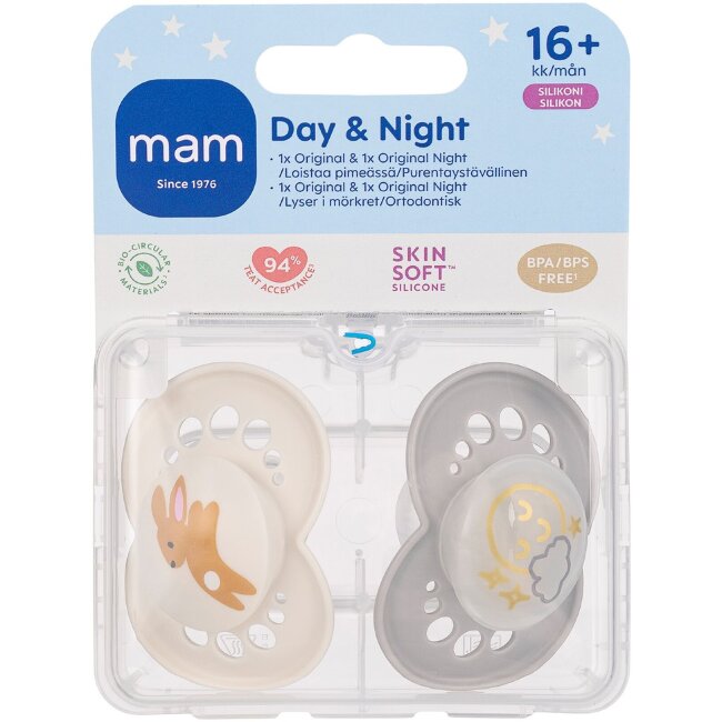 Пустышки силиконовые MAM 16+ мес. original Day & Night, 2 шт Пустышки силиконовые MAM 16+ мес. original Day & Night, 2 шт