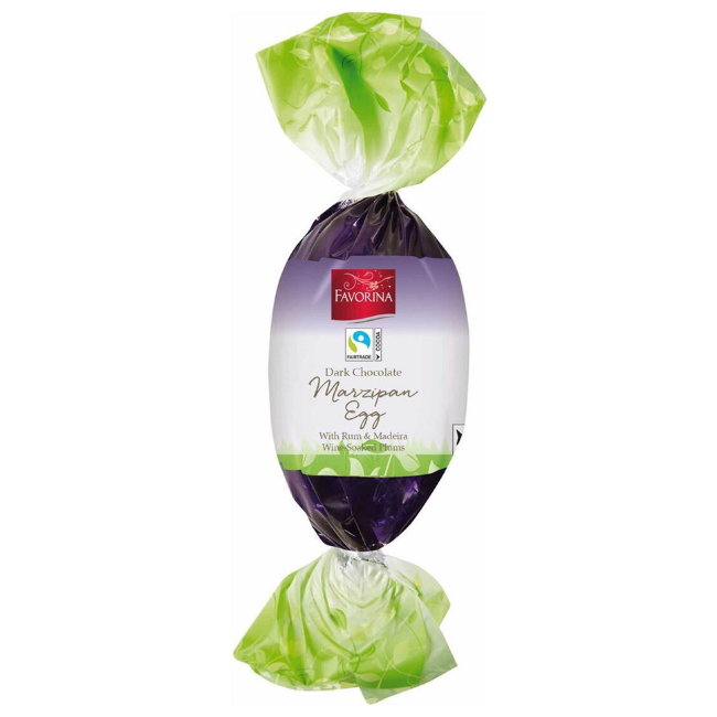 Марципановое яйцо Favorina в темном шоколаде со сливой в роме и вине Мадейра 100 гр