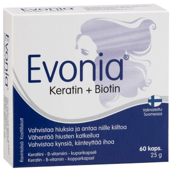 Витамины Evonia с кератином и медью Keratin+Biotin для волос и ногтей 60 капсул Hankintatukku